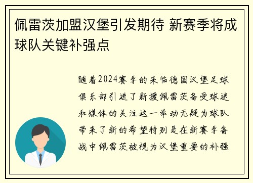 佩雷茨加盟汉堡引发期待 新赛季将成球队关键补强点 佩雷茨加盟汉堡引发期待 新赛季将成球队关键补强点
