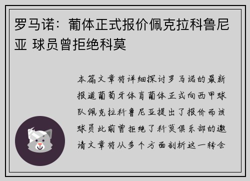 罗马诺:葡体正式报价佩克拉科鲁尼亚 球员曾拒绝科莫 罗马诺:葡体正式报价佩克拉科鲁尼亚 球员曾拒绝科莫