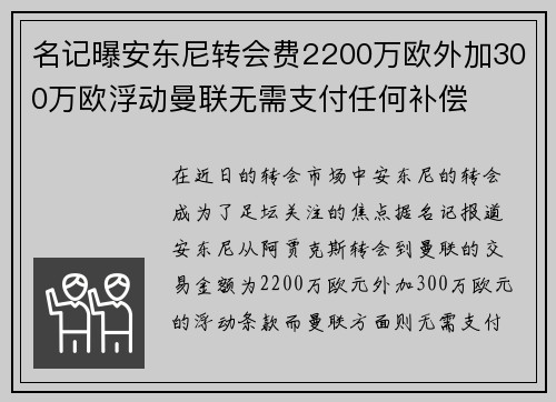 名记曝安东尼转会费2200万欧外加300万欧浮动曼联无需支付任何补偿 名记曝安东尼转会费2200万欧外加300万欧浮动曼联无需支付任何补偿